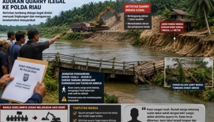 Warga Durian Tandang Adukan Dugaan Quarry Ilegal ke Polda Riau, Jembatan Terancam Ambruk dan Rumah Warga di Bibir Longsor